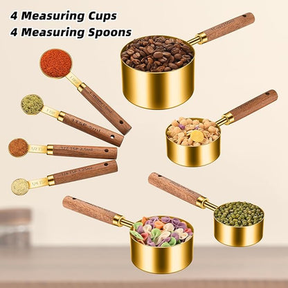 Stainless Steel Measuring Cups and Spoons Set of 8, Stackable Wooden Handle Metal Measuring Cup & Spoon Set with Metric & US Measurements, Rustic Farmhouse Kitchen Gadgets for Dry & Liquid Ingredients