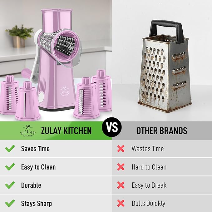 Zulay Kitchen Rotary Cheese Grater 5 Blade Cheese Shredder - Manual Hand Crank Cheese Grater With Reinforced Suction & 5 Interchangeable Drums - Easy to Use, Vegetable Chopper Round Mandoline Slicer - Image 2