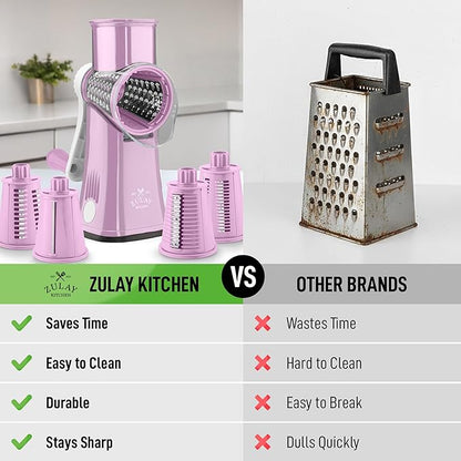 Zulay Kitchen Rotary Cheese Grater 5 Blade Cheese Shredder - Manual Hand Crank Cheese Grater With Reinforced Suction & 5 Interchangeable Drums - Easy to Use, Vegetable Chopper Round Mandoline Slicer - Image 2