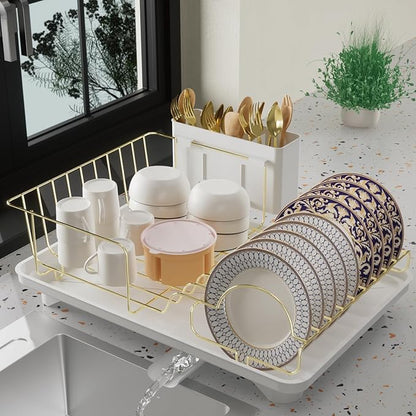 Buruis Dish Drying Rack for Kitchen Countertop, Large Capacity Gold Stainless Steel Dish Drainer with Anti-Slip Rubber Feet, Removable Drain Board and Utensil Holder (White Tray) by KeepYourBathroomKitchenandHomeOrganized
