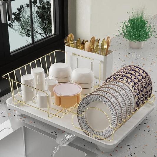 Buruis Dish Drying Rack for Kitchen Countertop, Large Capacity Gold Stainless Steel Dish Drainer with Anti-Slip Rubber Feet, Removable Drain Board and Utensil Holder (White Tray) by KeepYourBathroomKitchenandHomeOrganized