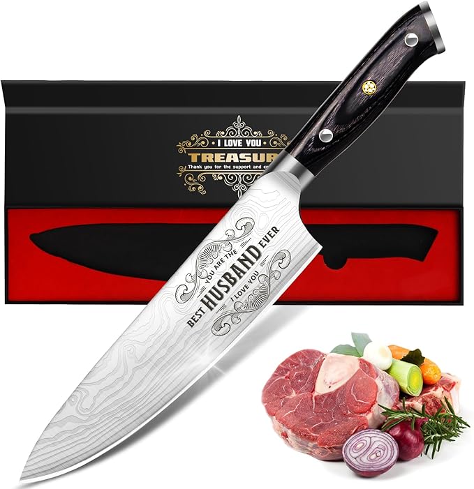 Gifts for Him Husband Men Anniversary Day, 8 inch Professional German Stainless Steel 1.4116 Chef Knife, Engraved Best Husband Ever Knife Gift, Easter Anniversary Birthday Gift for Men Husband Him