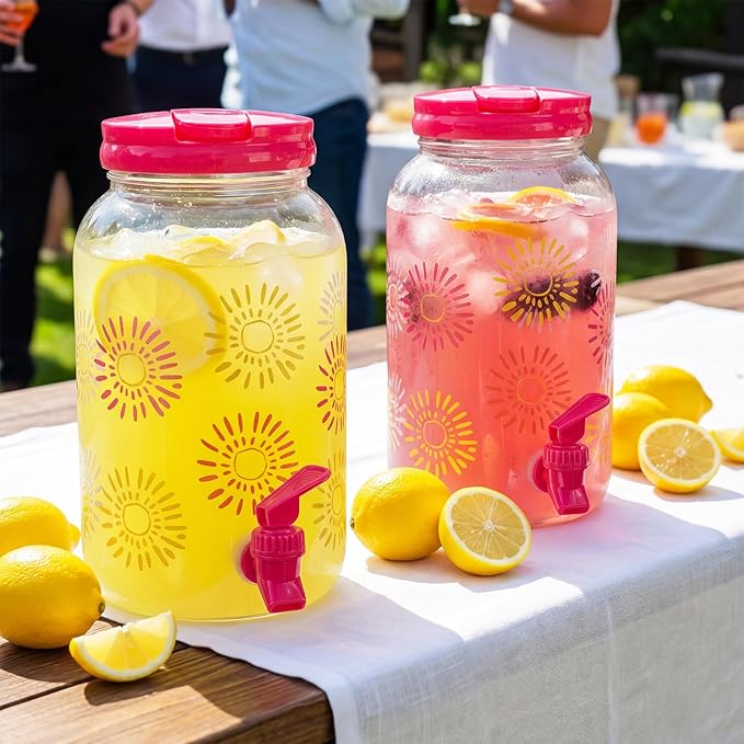 Havawish 2 Pcs 1 Gallon Plastic Beverage Dispenser with Spigot Clear Summer Kitchen Fridge Drink Dispenser for Parties Lemonade Juice Tea Beer Cold Water (Hot Pink,Sun)