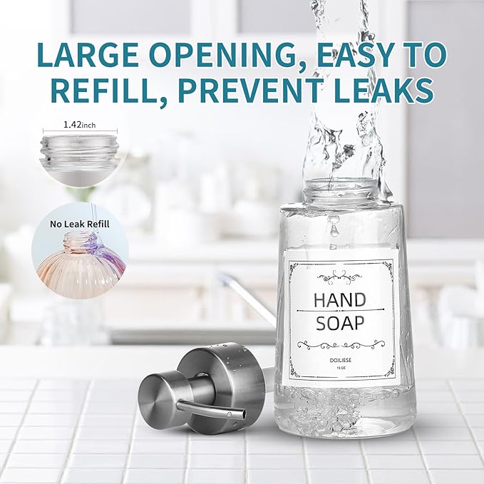 Soap Dispenser, Glass Hand Soap Dispenser with Rust Proof Pump, 16oz Liquid Soap Container with Waterproof Labels, Dish & Hand Soap Pump for Bathroom, Kitchen, Brushed Nickel, Pack of 2 - Image 6