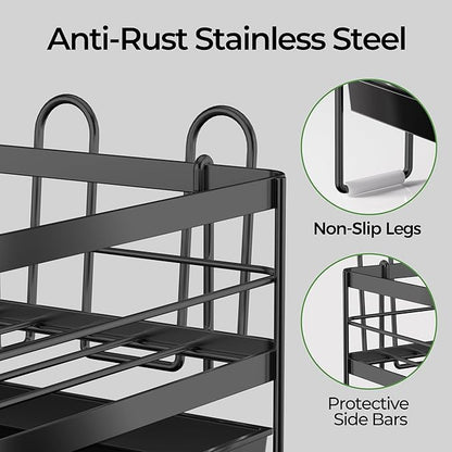 Large Dish Drying Rack, Expandable Dish Rack, Stainless Steel Dish Racks for Kitchen Counter, Multifunctional Dish Drainer with Utensil & Cup Holder, 13.4"-28.7" L x 11.8" W, Black
