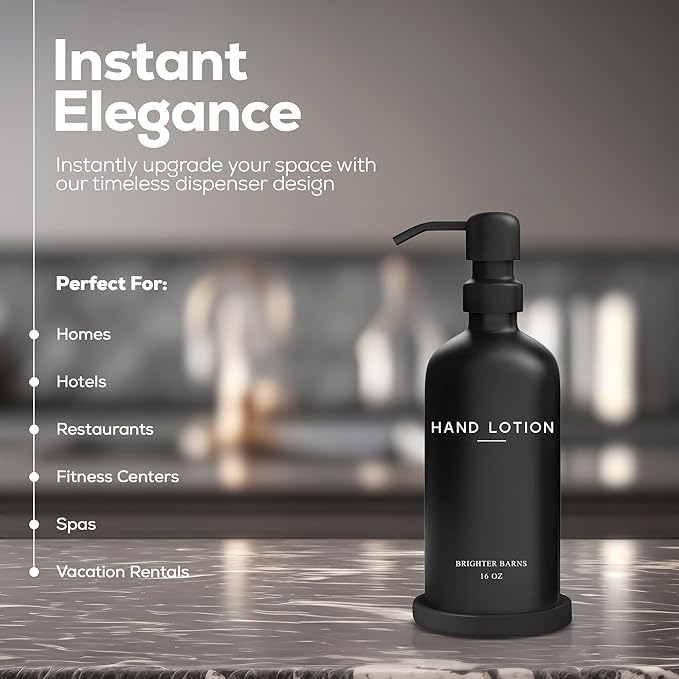 Black Glass Lotion Dispenser with Pump by Brighter Barns - Hand Lotion Dispenser Bathroom Set & Tray - Modern Bathroom Decor in Airbnb, Apartment Rental Properties, Guest House, Hotel Lobby (Black) - Image 2