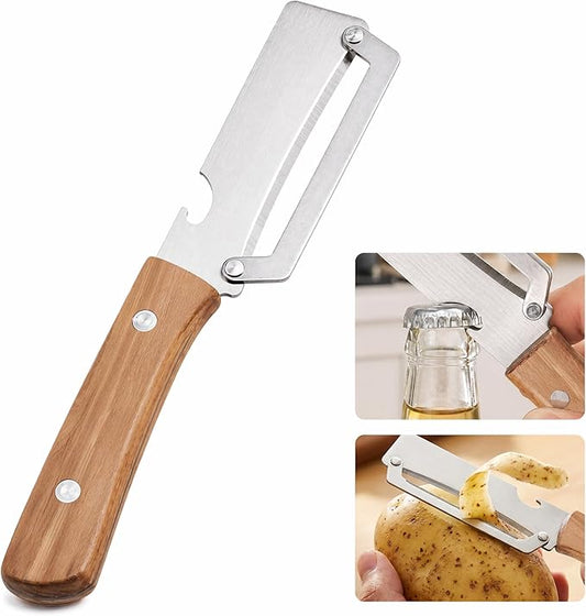 Vegetable Peeler, Multi Functional Premium 2-in-1 Potato Peelers, with Wooden Handle & Bottle Opener, Stainless Steel Kitchen Tool for Fruit Potato Pumpkin Papaya, Pare Necessary Kitchen Tools 1 Pcs