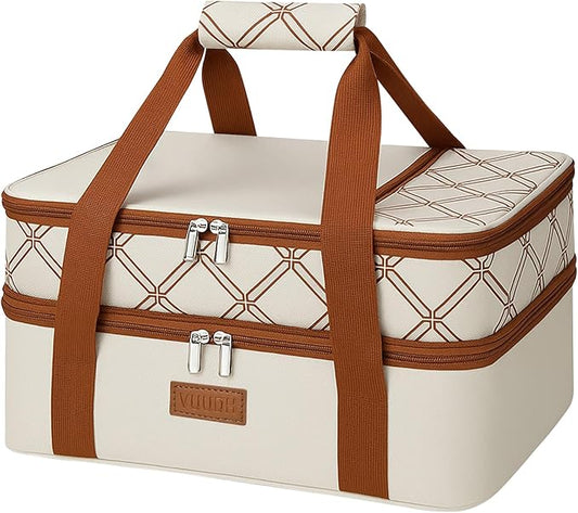 Vuudh Expandable Casserole Carrier Bag, Double Deckered Insulated Food Bag for 2 Dishes, Hot Cold Lasagna Holder Tote for Picnic, Potluck, Travel