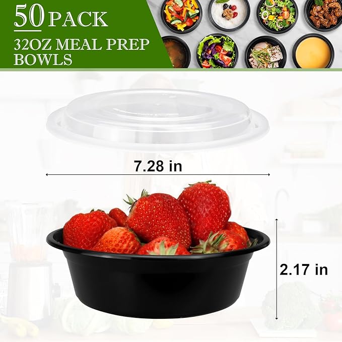 Meal Prep Containers Reusable 32oz - Meal Prep Bowls with Lids 50 Pack, Round Food Prep Bowls for Takeout, Disposable To Go Food Containers, Stackable, Leakproof, BPA-Free, Microwave/Freezer Safe - Image 5