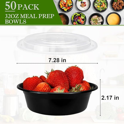 Meal Prep Containers Reusable 32oz - Meal Prep Bowls with Lids 50 Pack, Round Food Prep Bowls for Takeout, Disposable To Go Food Containers, Stackable, Leakproof, BPA-Free, Microwave/Freezer Safe - Image 5