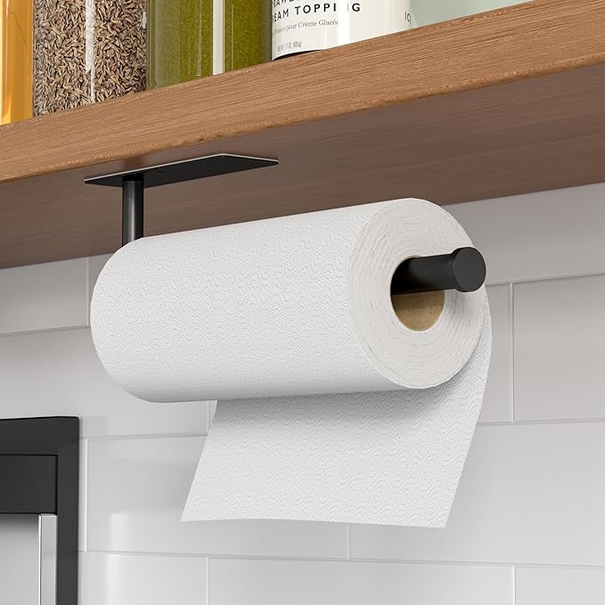 Paper Towel Holder Under Cabinet, Self-Adhesive,No Drilling, Stainless Steel, Wall-Mounted for Kitchen and Bathroom, Easy Install, Durable, Space-Saving, Ideal for Home, RV (Black, 1 Pack) - Image 2
