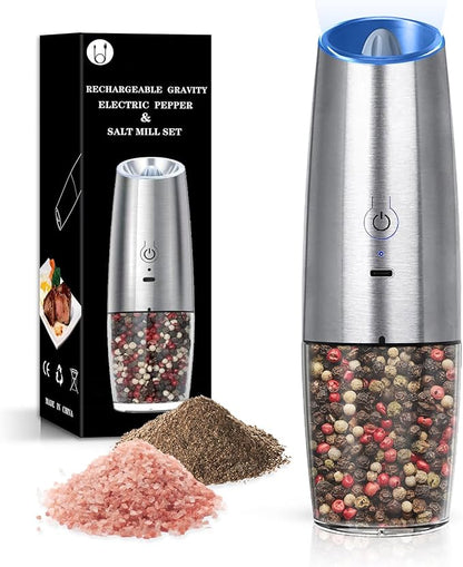 Rechargeable Salt And Pepper Grinder with LED Light, Automatic Electric Gravity Salt And Pepper Shakers, No Battery Needed, Adjustable Roughness, 1 Pack (Silver) by Unknown