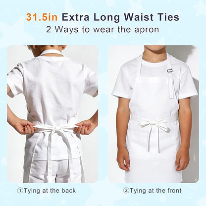 Kids Apron and Chef Hat Set, 30 Pieces Boys Girls Kids Apron with 2 Pockets Adjustable for Cooking Classroom Baking Painting, 6-13 Years, White
