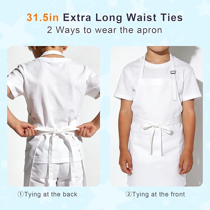 Kids Apron and Chef Hat Set, 16 Pieces Boys Girls Kids Apron with 2 Pockets Adjustable for Cooking Classroom Baking Painting, 6-13 Years, White