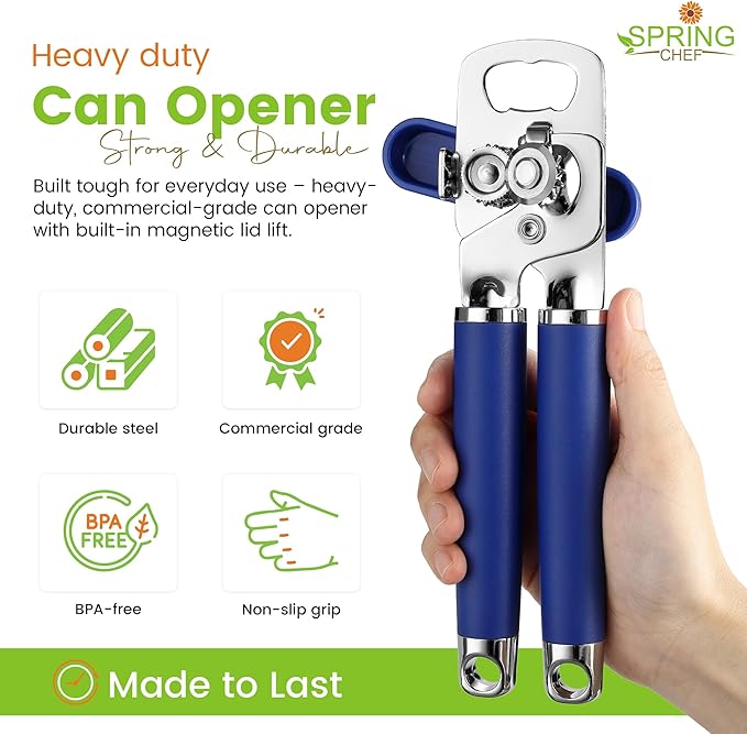 Spring Chef Stainless Steel Can Opener - Manual with Soft Grip Handles, Easy Turn, Heavy Duty Hand Can Openers for Seniors with Smooth Edge - Magnetic Lid Remover - Sapphire - Image 2
