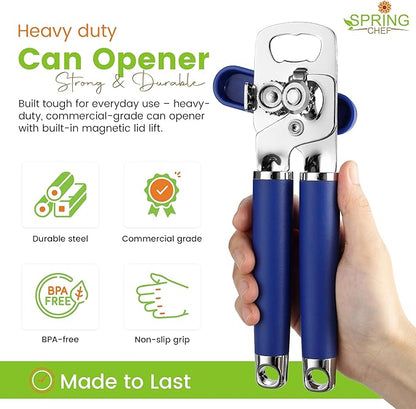 Spring Chef Stainless Steel Can Opener - Manual with Soft Grip Handles, Easy Turn, Heavy Duty Hand Can Openers for Seniors with Smooth Edge - Magnetic Lid Remover - Sapphire - Image 2
