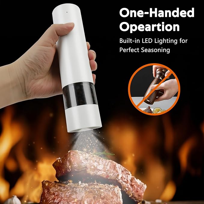 Rechargeable Electric Salt and Pepper Grinder Set, Automatic Pepper Mill with Adjustable Coarseness & One-Hand Operation, Large Capacity Battery-Powered Shakers for Cooking, Kitchen, Gifts (1, White)