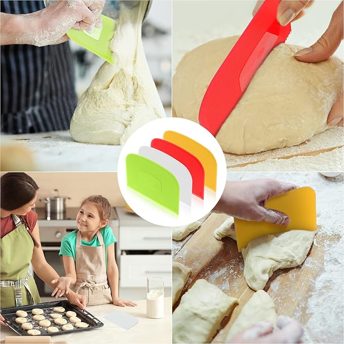 4 Piece Plastic Dough Scraper Bowl Scraper Flexible Multipurpose Food Scraper Plastic Dough Cutter for Bread Cake Dough Fondant Icing (White, Green, Yellow, Red) - Image 5