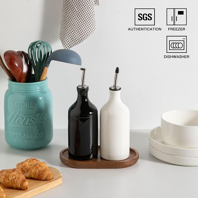 Sweejar Ceramic Olive Oil Dispenser Bottle Set, Opaque Oil Cruet Protects to Reduce Oxidation, Suitable For Storage Of Vinegar, Soy Sauce & Other Liquids,Pack of 2,15.5 Fl Oz（White Black） - Image 4