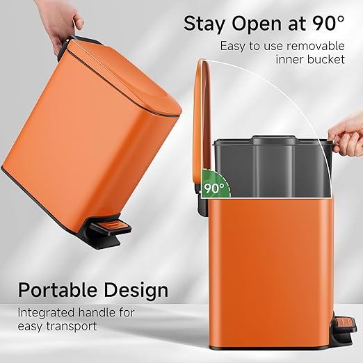TIPGO Small Bathroom Trash Can with Lid Soft Close, 6 Liter / 1.6 Gallon Stainless Steel Garbage Can with Removable Inner Bucket, Step Pedal, Slim Trash Cans for Bedroom, Office, Kitchen (Orange) - Image 3