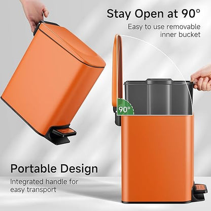 TIPGO Small Bathroom Trash Can with Lid Soft Close, 6 Liter / 1.6 Gallon Stainless Steel Garbage Can with Removable Inner Bucket, Step Pedal, Slim Trash Cans for Bedroom, Office, Kitchen (Orange) - Image 3