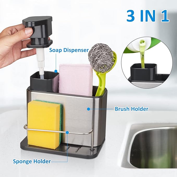 RedCall Soap Dispenser for Kitchen Sink, 3-in-1 Sponge Holder for Kitchen Sink Caddy, Stainless Steel Kitchen Sink Organizer Tray Drainer Rack, Rustproof Dish Soap Dispenser Brush Holder Countertop - Image 2