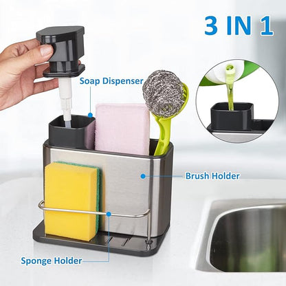 RedCall Soap Dispenser for Kitchen Sink, 3-in-1 Sponge Holder for Kitchen Sink Caddy, Stainless Steel Kitchen Sink Organizer Tray Drainer Rack, Rustproof Dish Soap Dispenser Brush Holder Countertop - Image 2