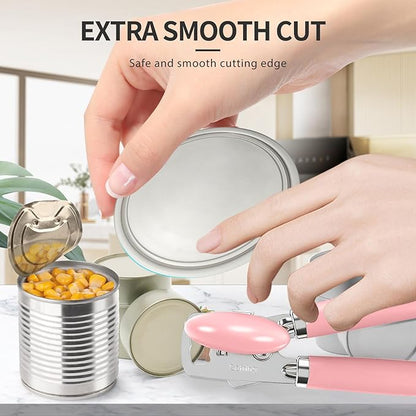 Safring Can Opener Manual, Heavy Duty Stainless Steel Smooth Edge Can Openers With Soft Touch Handle, Oversized Handheld Easy Turn Knob, Multi-Function Bottle Opener, Pink