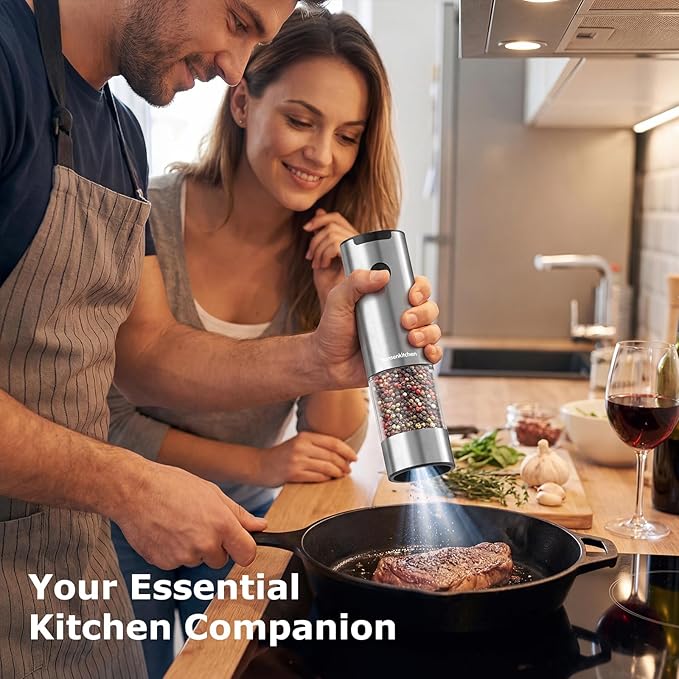 Bonsenkitchen Electric Salt and Pepper Grinder Set, 95ml Large Capacity, Clean Brush, Stainless Steel Adjustable Pepper Mill with LED for Kitchen, BBQ & Camping, Battery Powered (Not Included) - Image 7