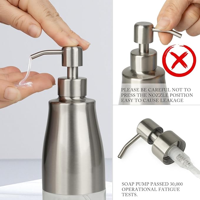 Gaussra Kitchen Soap Dispenser Set with Silicone Tray and Stickers - Brushed Nickel, Stainless Steel Glass Soap Dispenser Bathroom, Refillable Hand Dish Dispenser for Kitchen Sink - Image 4