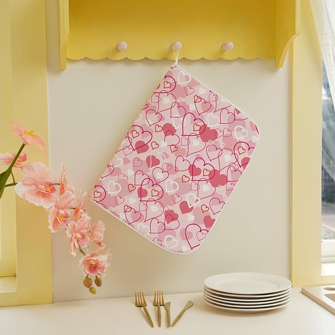 Valentines Day Dish Drying Mat 18 x 24 inch Pink Love Hearts Decorative Drying Mats Microfiber Absorbent Romantic Dish Washable Draining Mat for Kitchen Counter Decor