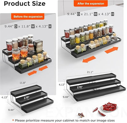 Expandable Spice Rack Organizer - 3 Tier Adjustable Spice Organizer for Cabinet & Countertop - Easy Visibility - Black - Image 2