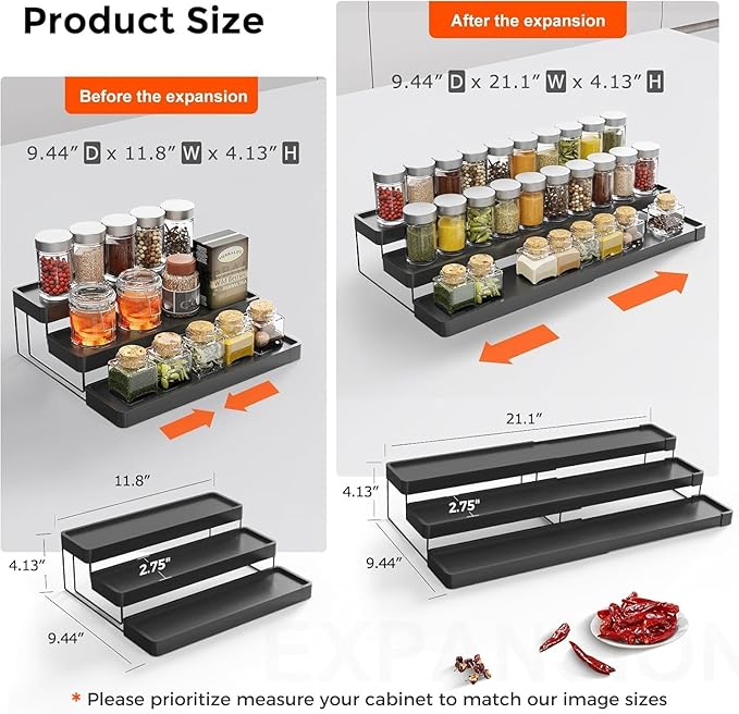 2 Pack Expandable Spice Rack Organizer for Cabinet - 3 Tier Adjustable Cabinet Spice Organizer Easy Visibility - Spice Organizer for Cabinet Countertop Cupboard Pantry Organization (Black) - Image 2