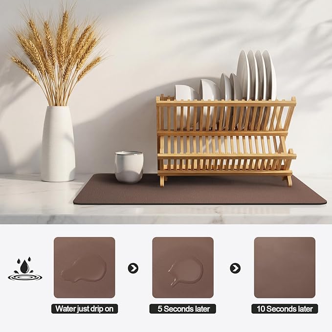 Ecotrim - Dish Drying Mat for Kitchen Counter | Coffee Bar Mat for Countertops | Heat Resistant Drainer Mat with Non-slip Rubber Backed | Hide Stain Kitchen Absorbent Draining Mat | Brown 16"x20" - Image 4