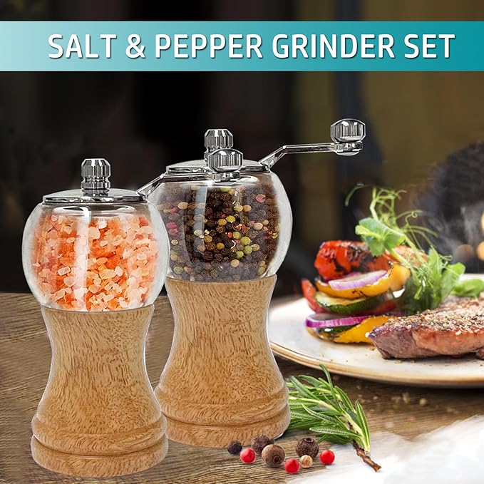 Salt and Pepper Grinder Set Manual Pepper Mill Set Classical Hand Shake Wooden Salt Mill Acrylic Ceramic Blades Upgrade Metal Handle, Enjoy Pepper Salt Various Spices (Burlywood 2pcs-5in)