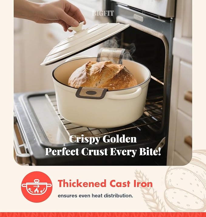 Cast Iron Dutch Oven for Bread Baking, With Banneton Bread Proofing Basket & Sourdough Baking Supplies, 5QT Multi-Functional Enameled Dutch Oven Pot with Lid, Cast Iron Bread Pan, White - Image 5