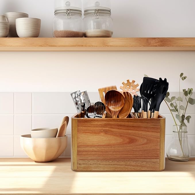 Wooden Kitchen Utensil Holder Organizer for Counter or Countertop, Large Wooden Utensil Holder for Storage Cooking and Silverware with 3 Compartment, Acacia Rustic Wood Container Extra Large - Image 7
