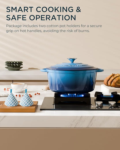 Enameled Cast Iron Dutch Oven - 6QT Pot with Lid & Cotton Potholders - Heavy-Duty Cookware for Braising, Stews, Roasting, Bread Baking, Oven Safe up to 500° F & Across All Cooktops, Navy Blue - Image 7
