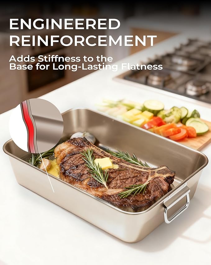 Turkey Roasting Pan with Rack Non stick Carbon Steel Roaster 16x11 Inch, Dishwasher Safe, Deep Baking Broiler Pan for Oven Chicken, Bacon, Golden