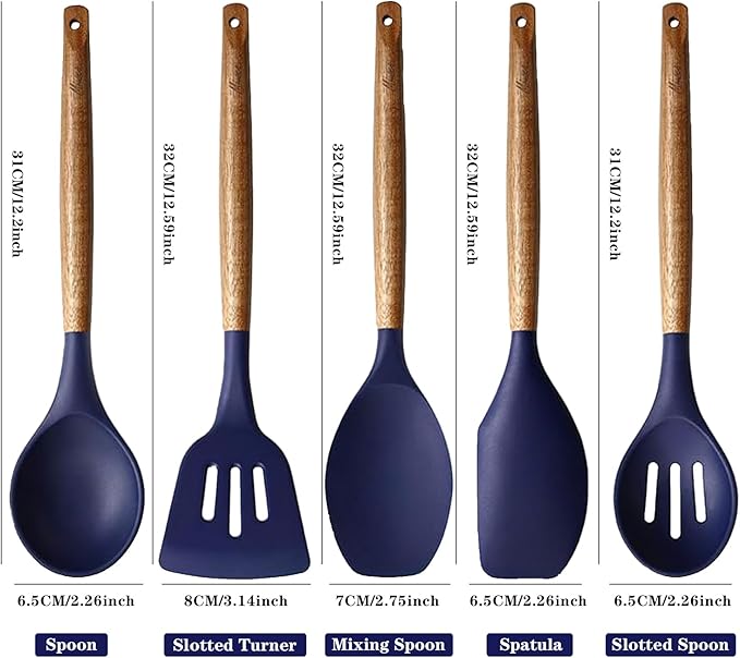 Non-Stick Silicone Kitchen Utensils Set with Natural Acacia Hard Wood Handle, 5 Piece, Midnight Blue, BPA Free, Baking & Serving Silicone Cooking Utensils - Image 4