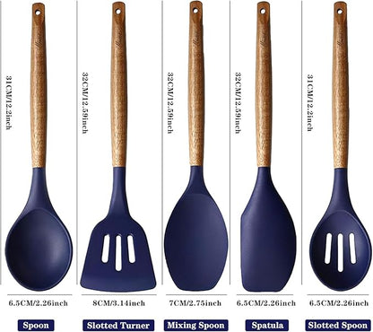 Non-Stick Silicone Kitchen Utensils Set with Natural Acacia Hard Wood Handle, 5 Piece, Midnight Blue, BPA Free, Baking & Serving Silicone Cooking Utensils - Image 4
