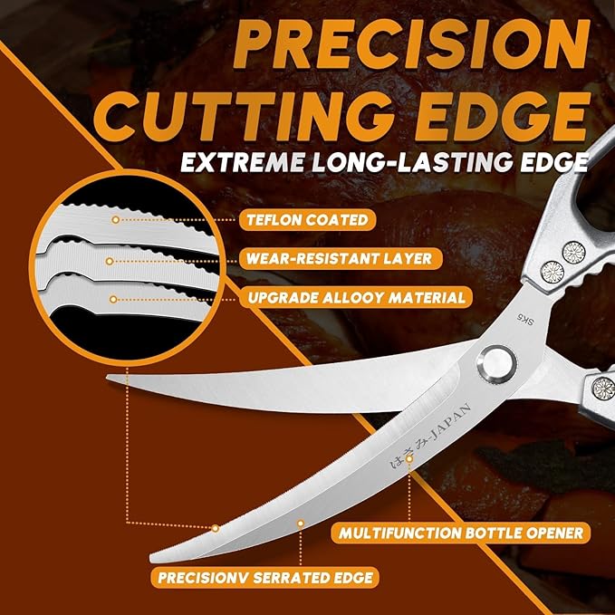HUUSK Kitchen Scissors Set Silver - Stainless Steel Kitchen Shear, Sharp Meat Scissors Dishwasher Safe, Heavy Duty Poultry Shears, Japanese Cooking Scissor for Food, Christmas Gifts for Men Women - Image 3