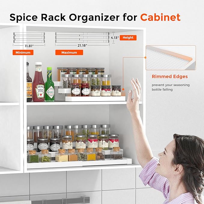 2 Pack Expandable Spice Rack Organizer for Cabinet - 3 Tier Adjustable Cabinet Spice Organizer Easy Visibility - Spice Organizer for Cabinet Countertop Cupboard Pantry Organization (White) - Image 4