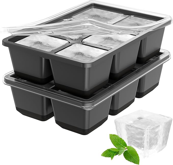Optish Large Ice Cube Molds, 2 Pack Whiskey Square Ice Molds, 1.8 Inch Big Ice Cube Tray, Stackable Cocktail Ice Tray with Lid, Easy to Release (Grey) by Optish