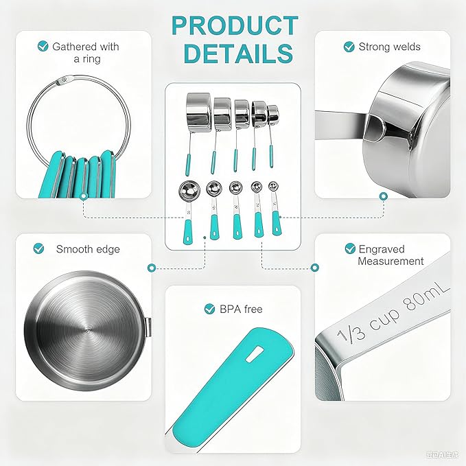 Bopei Measuring Cups and Spoons Set Stainless Steel 10 Piece for Cooking and Baking (5 Cups + 5 Spoons, Aqua Sky Handle) - Image 4