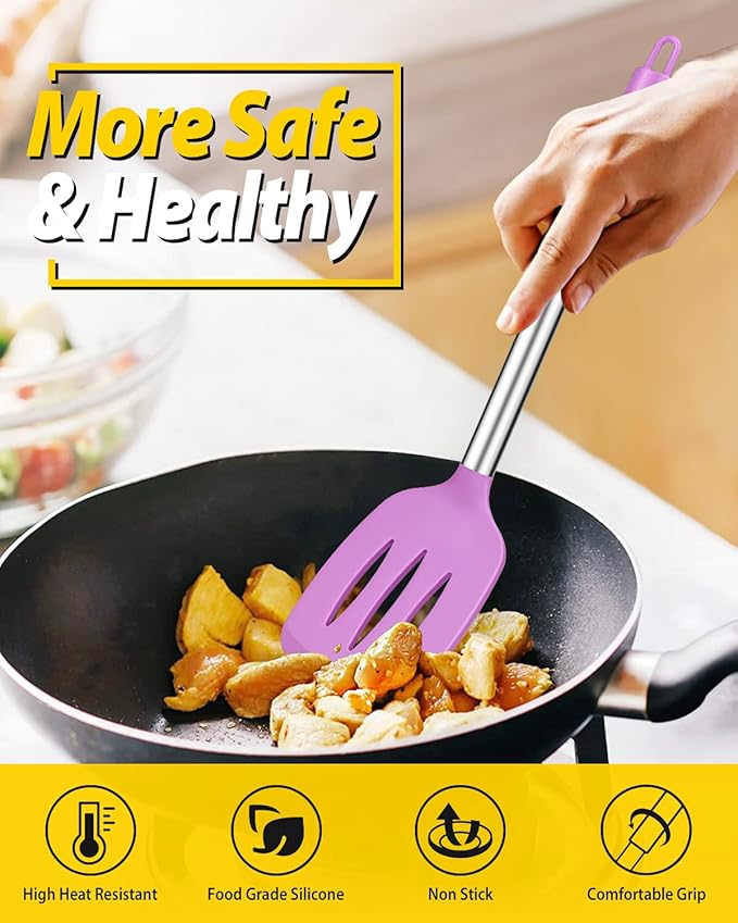 Pack of 4 Silicone Cooking Utensils Set, Non Stick Large Solid Spatulas, Heat Resistant Purple Slotted Spoons, Ideal BPA Free Kitchen Turners for Frying, Mixing,Serving,Draining,Turning,Stirring - Image 4