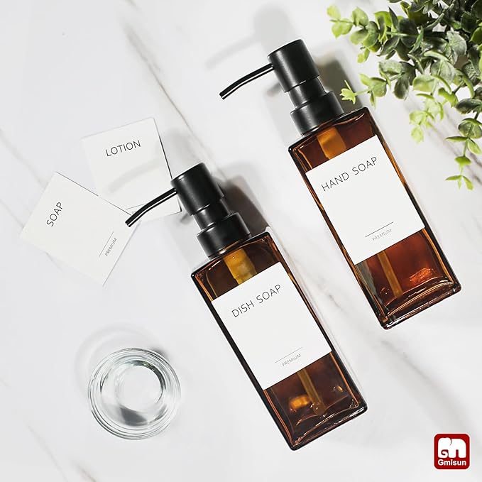 GMISUN Amber Glass Soap Dispenser, 2 Pack Hand Soap Dispenser Bathroom, 12 fl oz/350ml Dish Dispenser Set for Kitchen, Glass Liquid Dispenser with Stainless Steel Pump, Brown Soap Dispensers Bottle - Image 6