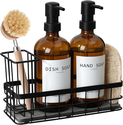 Dish Soap Dispenser for Kitchen, 16.9 fl oz Amber Hand and Dish Soap Dispensers, Kitchen Soap Dispenser Set with Sponge Holder, Brush Holder and Loofah Sponge, Countertop Sink Organizer Accessories by RYTOXILOBrightenUpYourHome