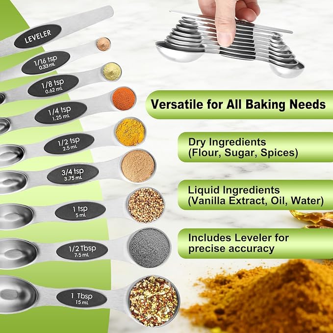 Magnetic Measuring Spoons Set Stainless Steel with Leveler, Dual-Sided Metal Measuring Spoons for Baking & Cooking, Fits in Spice Jars, Must-have Kitchen Gadgets, 8 Measuring Spoons & 1 Leveler, Black - Image 4