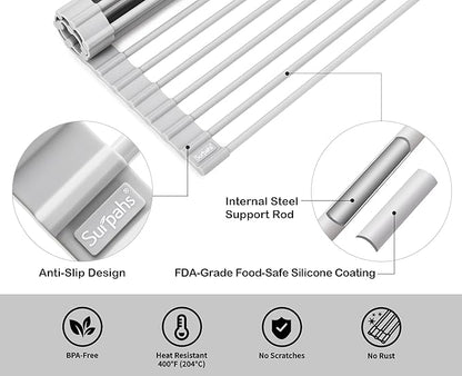 Surpahs 17.5 x 13.1 Inch Roll-Up Dish Drying Rack, Fits Across Sink Openings up to 16.5 Inches, Heavy-Duty Premium Silicone, Strong Support, Non-Slip, Heat-Resistant, Warm Gray - Image 4